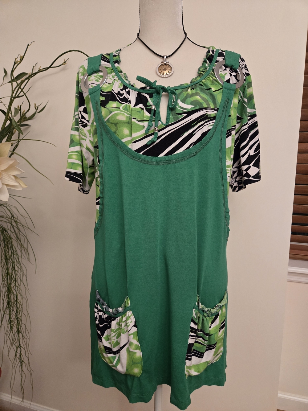 Blue Door Faux Layered Mini Dress Green Graphic Print Resort Wear Cover Up L/XL